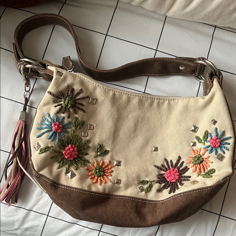 Vintage Arizona Brand Embroidered Floral studded Tan and Brown Shoulder Bag